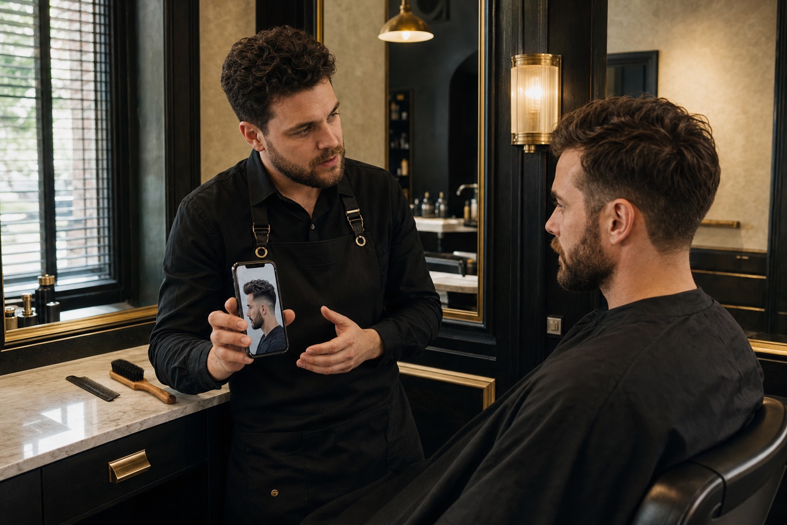 Barber and client discussing a haircut and beard reference photo