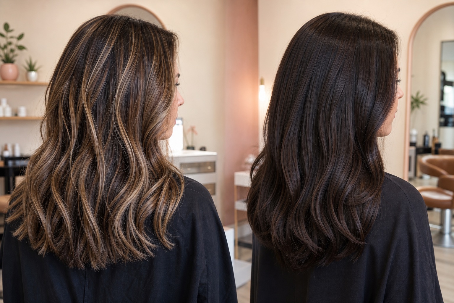 Comparison of dimensional highlights and rich solid brunette colour