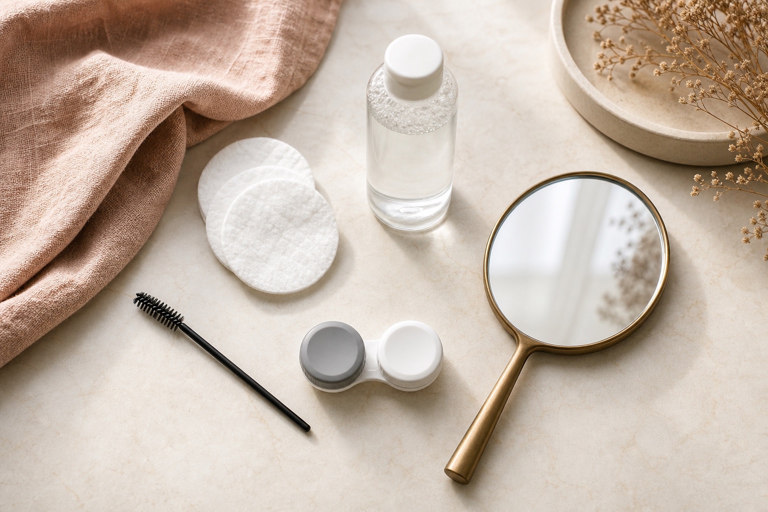 Clean lash appointment preparation items arranged on a salon vanity
